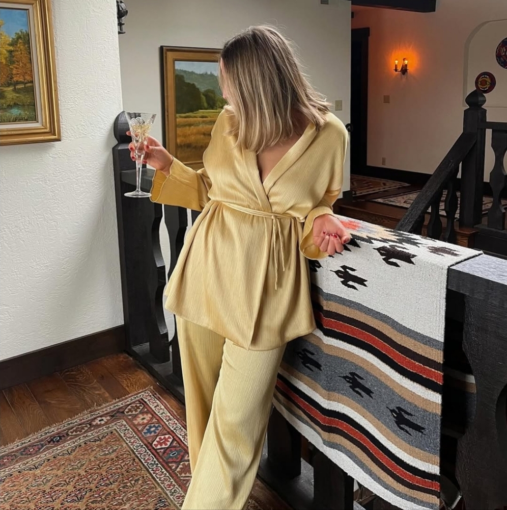 Zara 2 pieces set belted pleated kimono and pleated wide leg pants yellow NWT - Picture 12 of 16